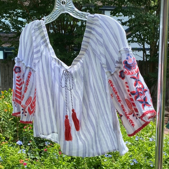 Altar'd State Tops - Altar’d State M off the shoulder embroidered bell sleeve boho top